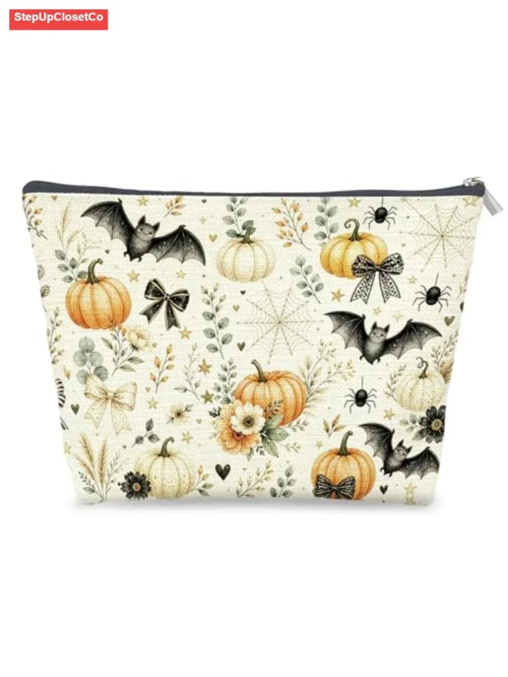 Linen Canvas Makeup Bag Zipper Pouch, Vintage Boho Floral Bat Pumpkin Cosmetic